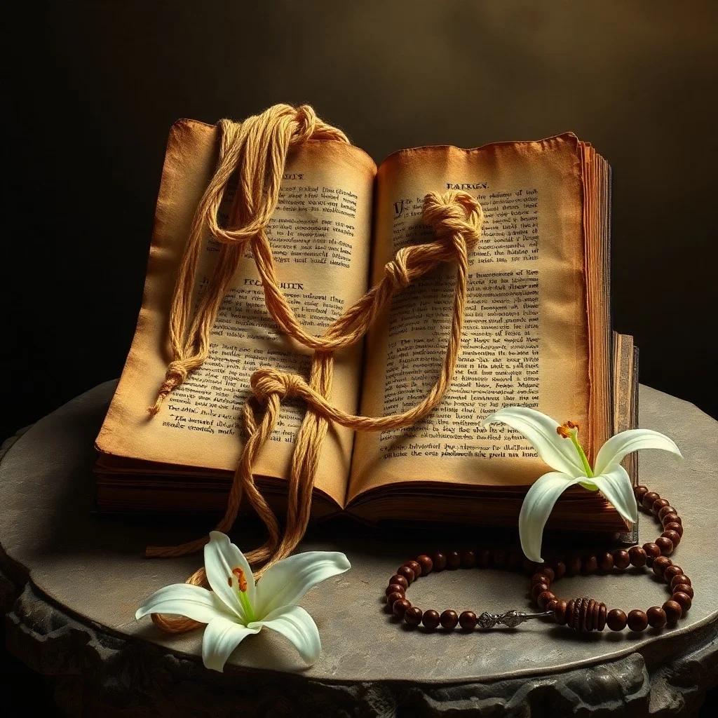 Un libro de oraciones antiguo abierto, un rosario de cuentas pulidas y una medalla de plata, sobre una mesa de madera, con luz suave, evocando paz y devoción.