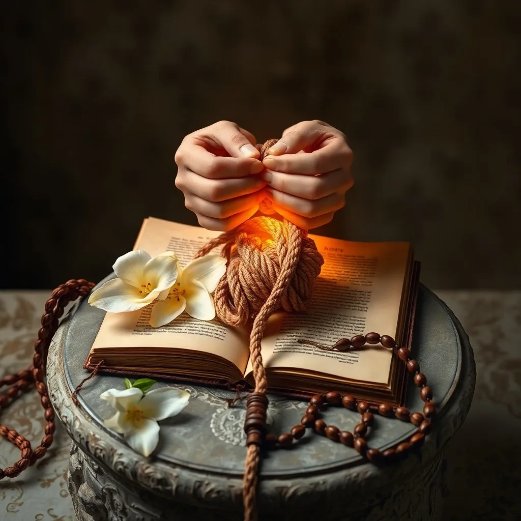 Una ilustración digital 3D de un nudo complejo de hilos luminosos que se desenreda en una luz radiante, simbolizando la liberación y la esperanza.