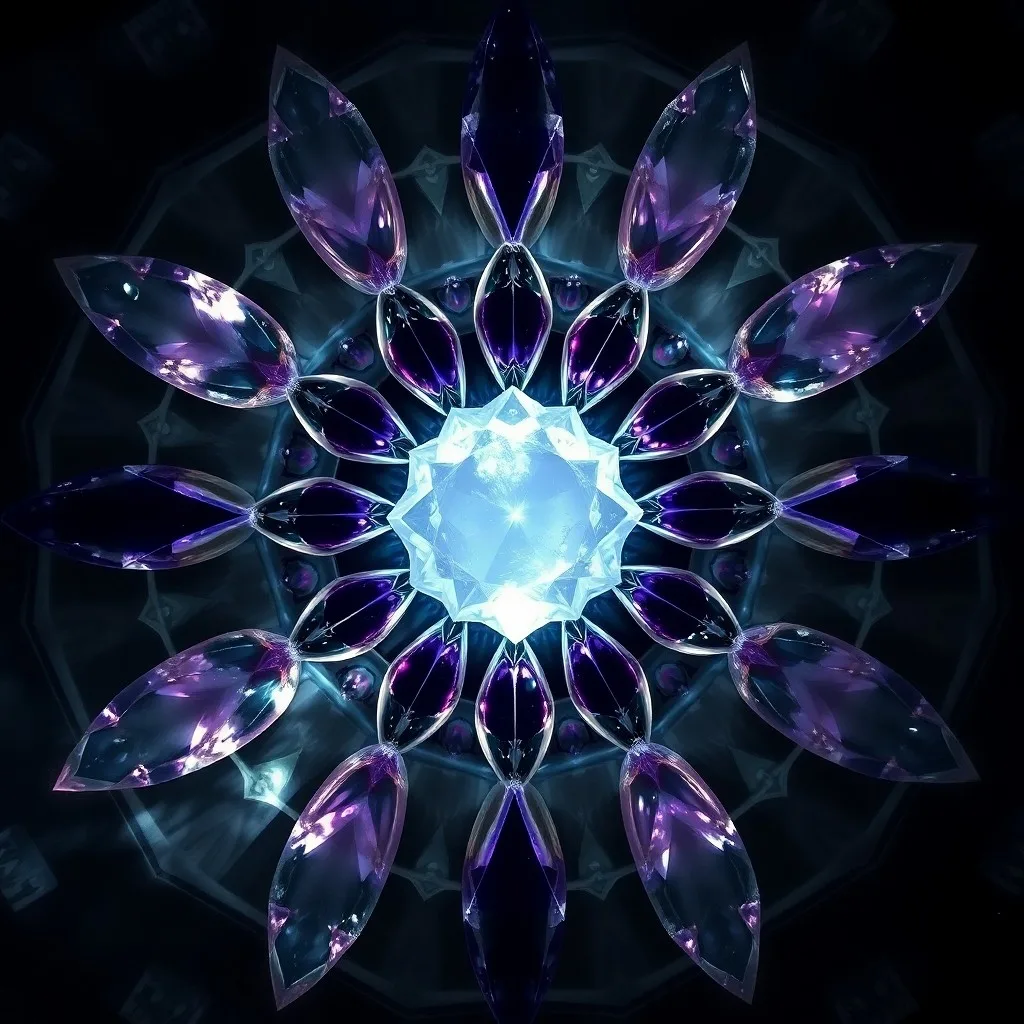 Still-life of a journal with sacred geometry, crystals, and a quill pen on a wooden desk