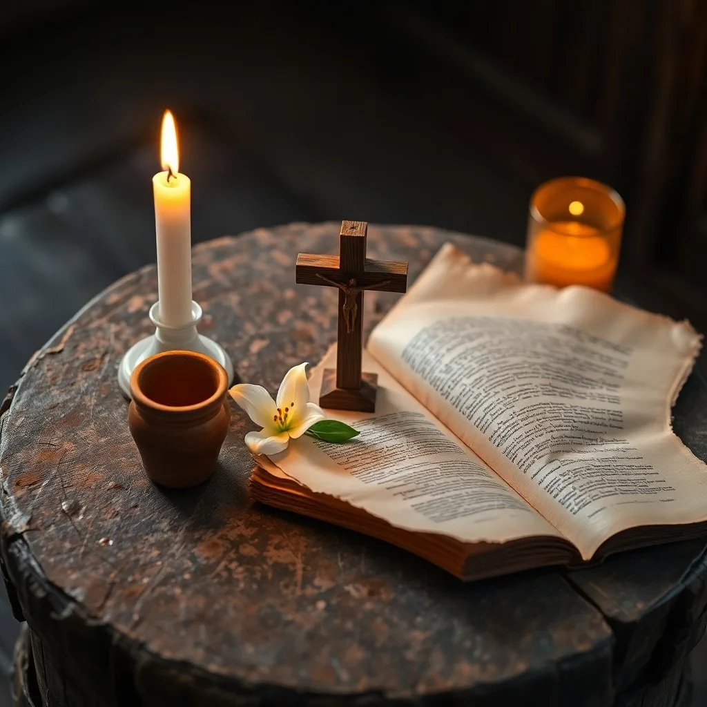 Un bastón de madera desgastado apoyado en una pared de piedra desmoronada, con un libro de cuero viejo en un alféizar polvoriento, simbolizando la resiliencia y la soledad.