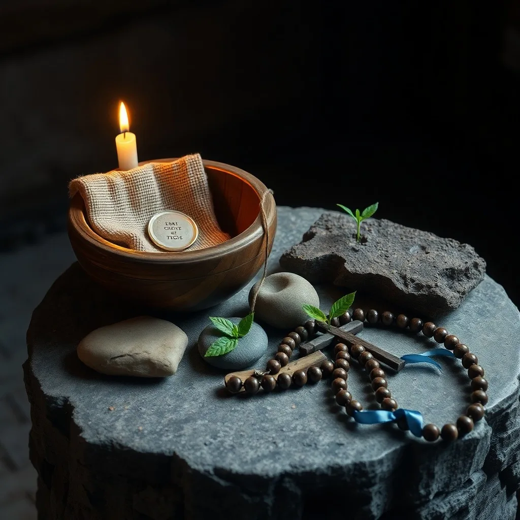Una vela solitaria y parpadeante ilumina un antiguo pergamino de oración sobre un altar, rodeado de un tenue resplandor etéreo, evocando una fe inquebrantable y una presencia divina.