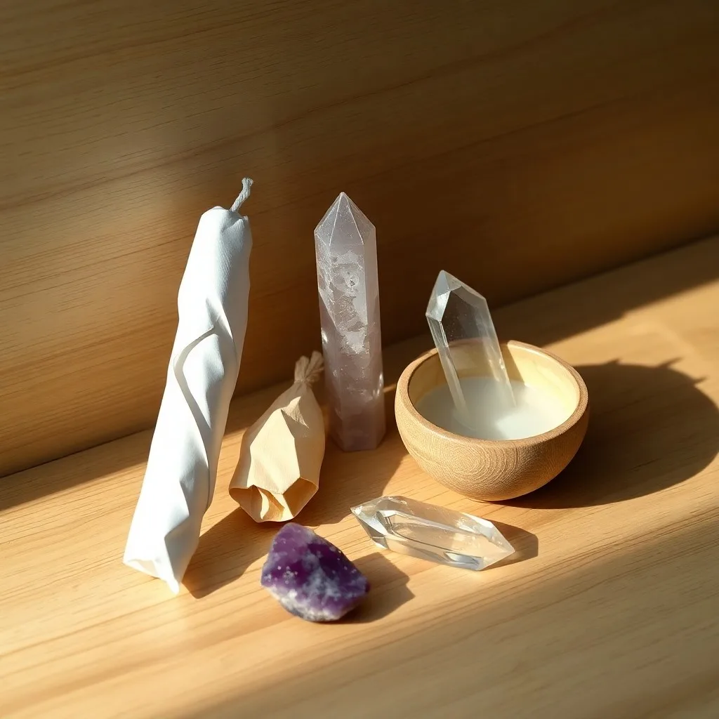 Cinematic still life of a smoldering sage bundle, clear quartz crystal, sea salt, and Palo Santo on an antique wooden altar, with ethereal lighting.