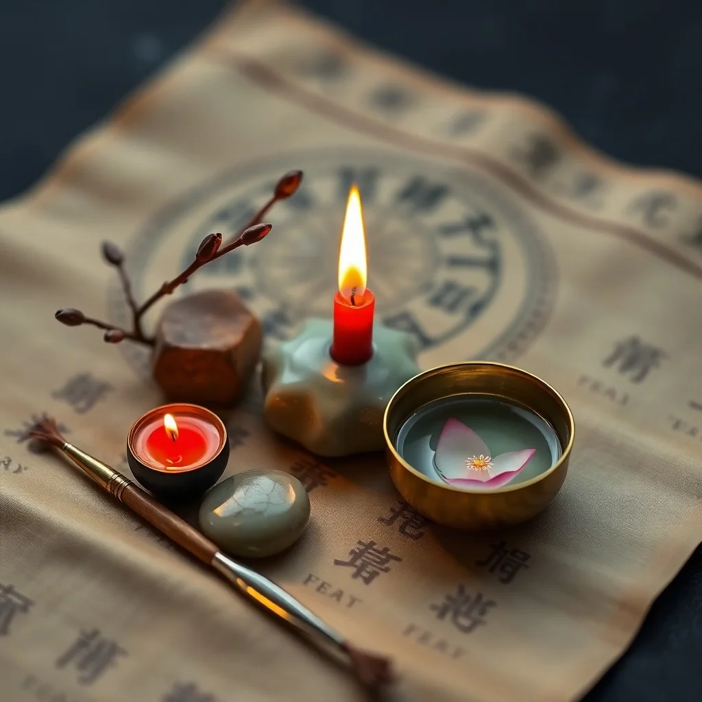Still life photo of symbolic elemental objects: wood, candle, earth, coin, water on an antique table.