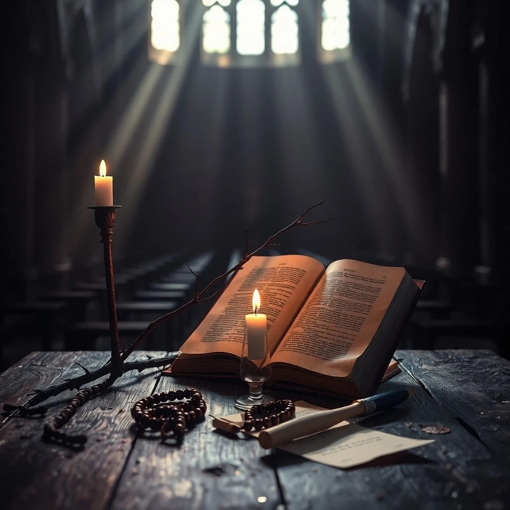 Fotografía macro de un libro de oraciones antiguo, un rosario de madera y una vela encendida sobre una superficie de piedra oscura, evocando una atmósfera de contemplación y lucha espiritual.