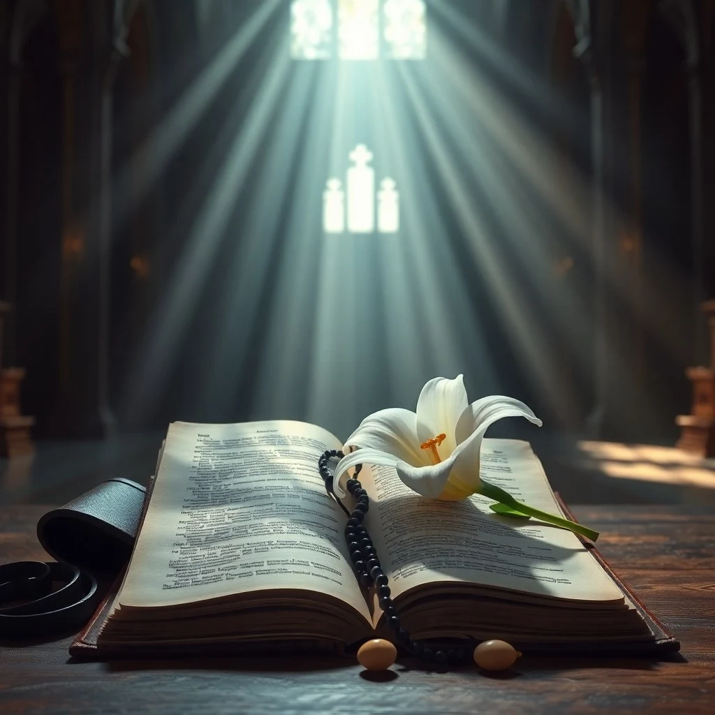 Pergaminos antiguos y un compás sobre un altar de piedra, simbolizando el plan divino y la guía eterna de Dios
