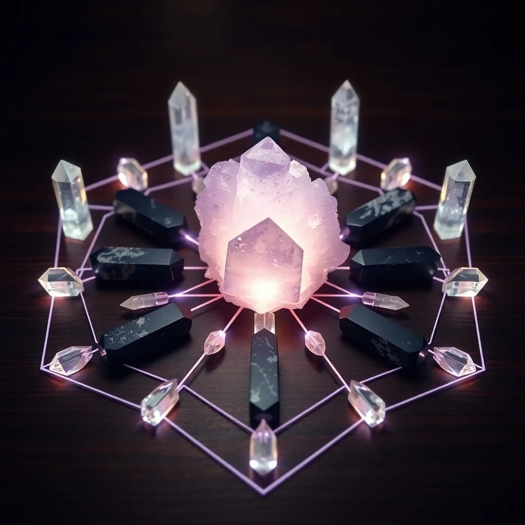 Cinematic still life photograph of various raw and polished protective crystals like black tourmaline, amethyst, and selenite, arranged on a dark velvet cloth with soft lighting.