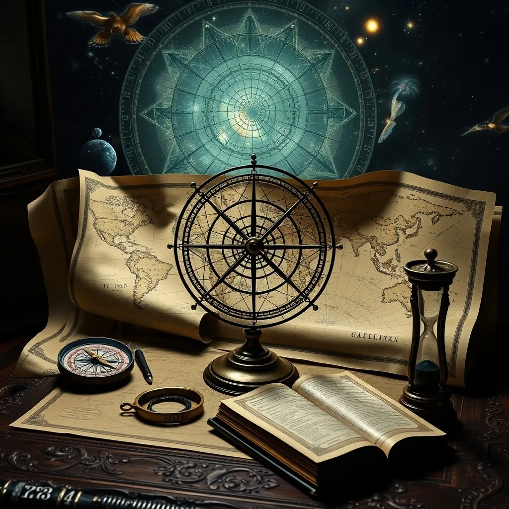 Fotografía cinematográfica de un pergamino antiguo y desgastado con un mapa mundial histórico, iluminado por una vela parpadeante, rodeado de instrumentos astrológicos sobre una mesa de madera oscura.