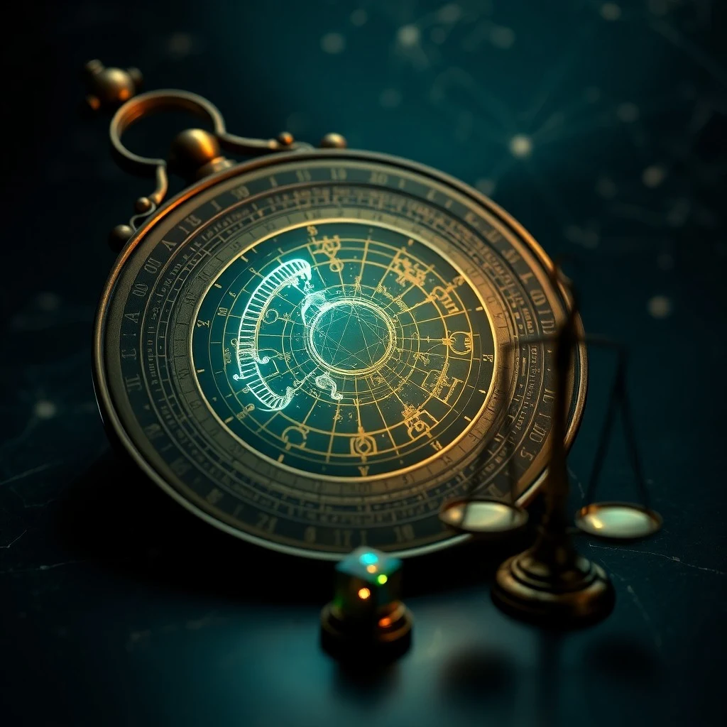 Astrolabe antiguo sobre mesa de madera, reflejando proyección holográfica de red neuronal y código.