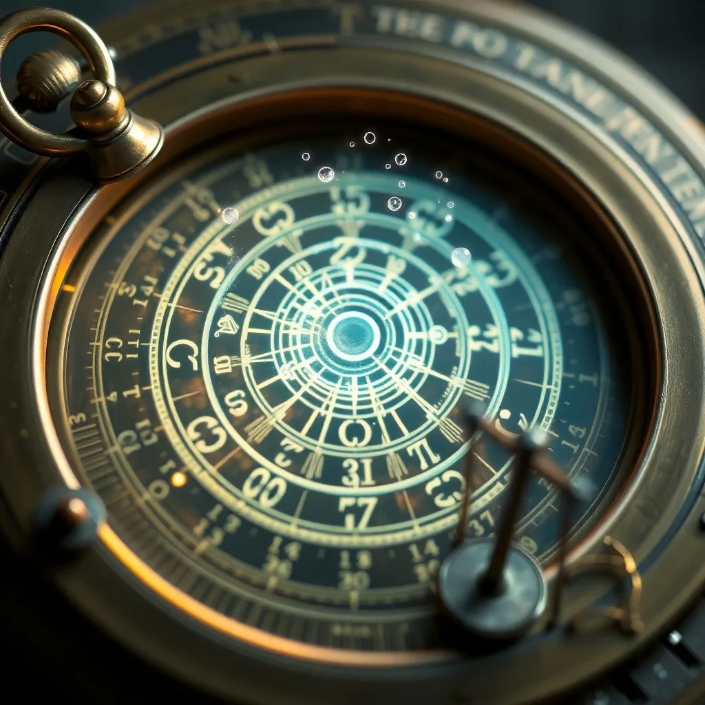 Telescopio vintage apuntando al cielo, con esfera de datos holográfica mostrando algoritmos y cartas astrológicas.
