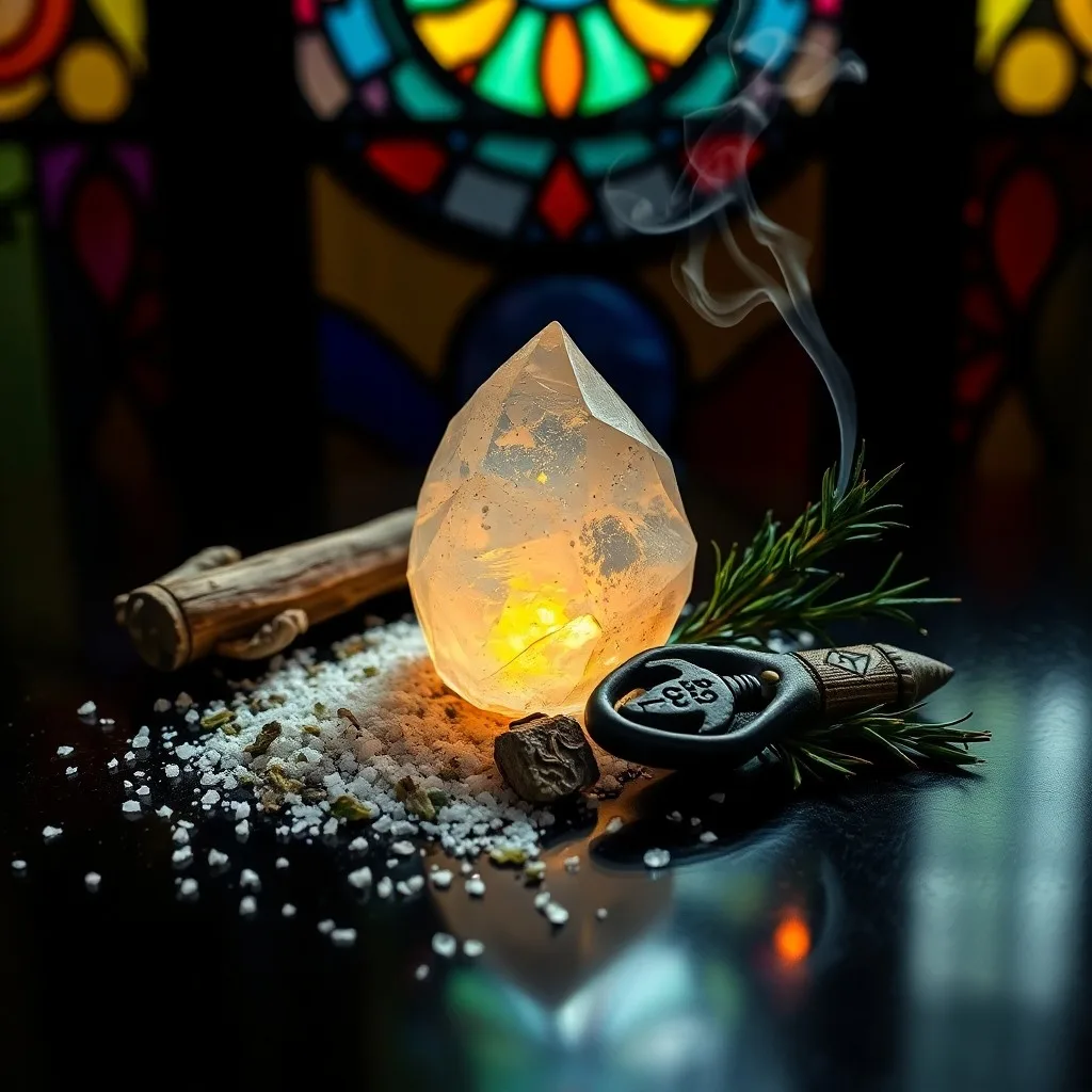 Fotografía de bodegón de una turmalina negra pulida sobre hojas secas de salvia blanca y un cuenco de sal marina, con luz suave.