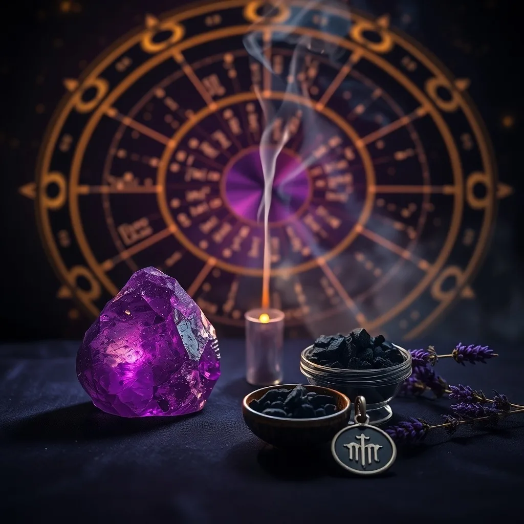 Pintura al óleo de un mandala protector con símbolos esotéricos, rodeado de botellas de aceites esenciales y romero fresco, con iluminación dramática.