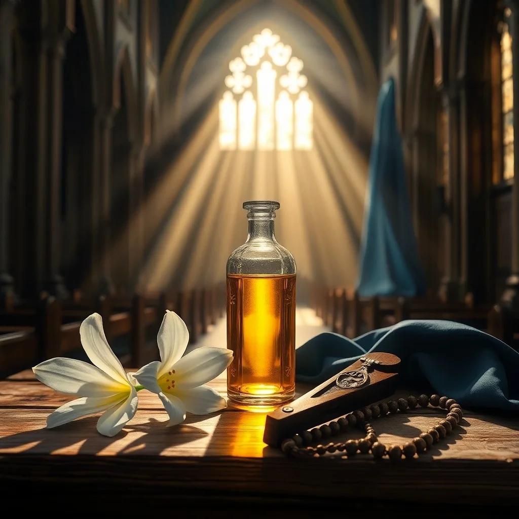 Pintura al óleo de una vela parpadeante, lavanda seca y una cruz de piedra, con sombras dramáticas.