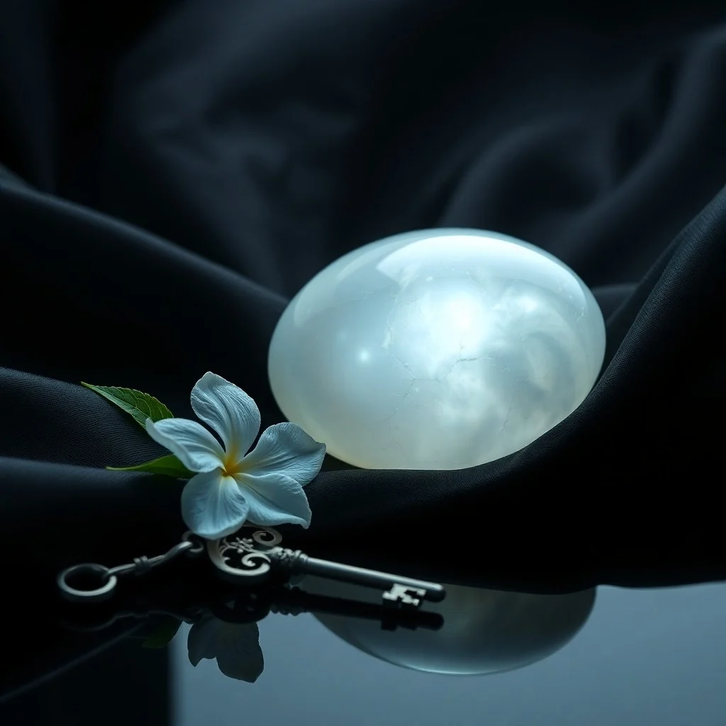 Macro photography of a delicate, unopened lotus bud emerging from still, dark water, illuminated by a soft, internal glow.