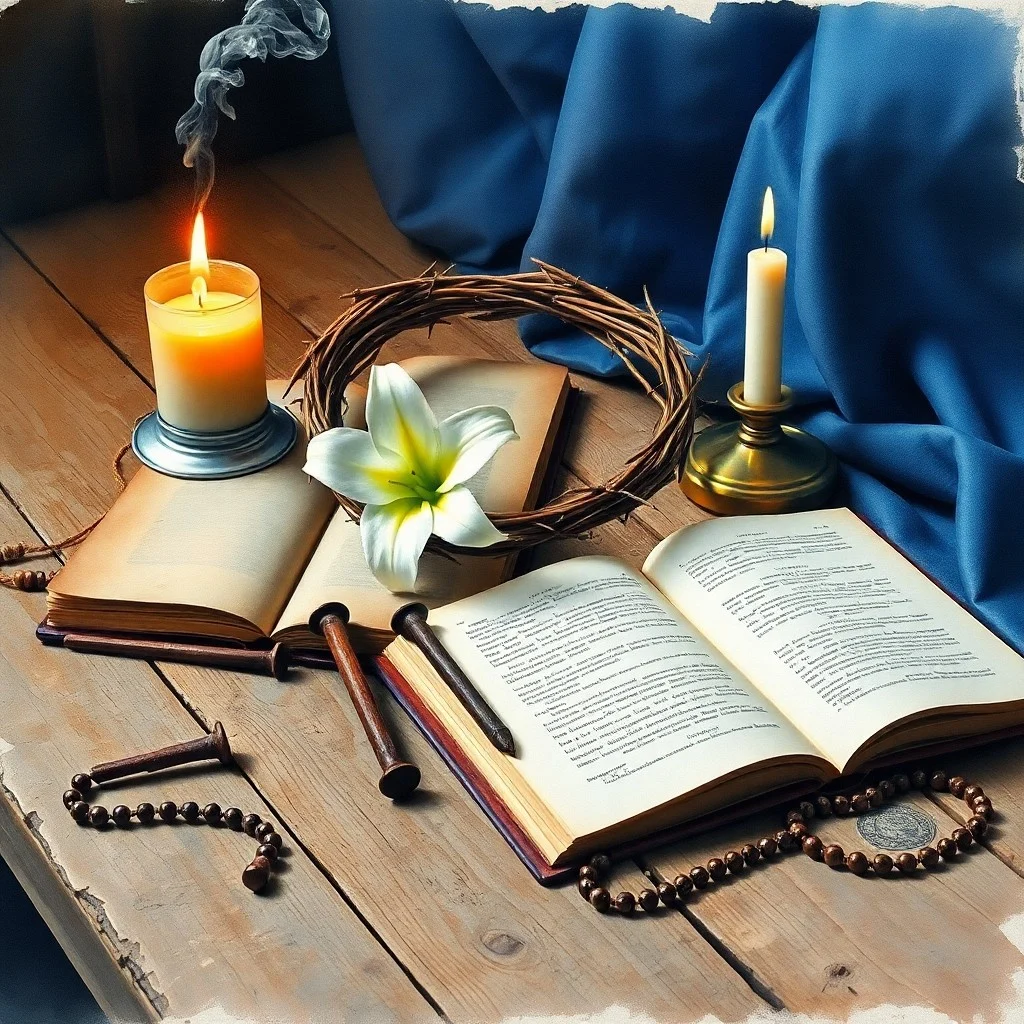 Una corona de espinas reposando sobre una Biblia antigua abierta, con una gota de sangre cayendo sobre una página, en un estilo de pintura al óleo con tonos morados y azules.