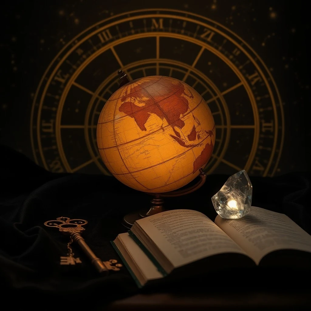 Arte conceptual de un astrolabio antiguo con una dualidad de luz y oscuridad, simbolizando al Héroe y la Sombra.