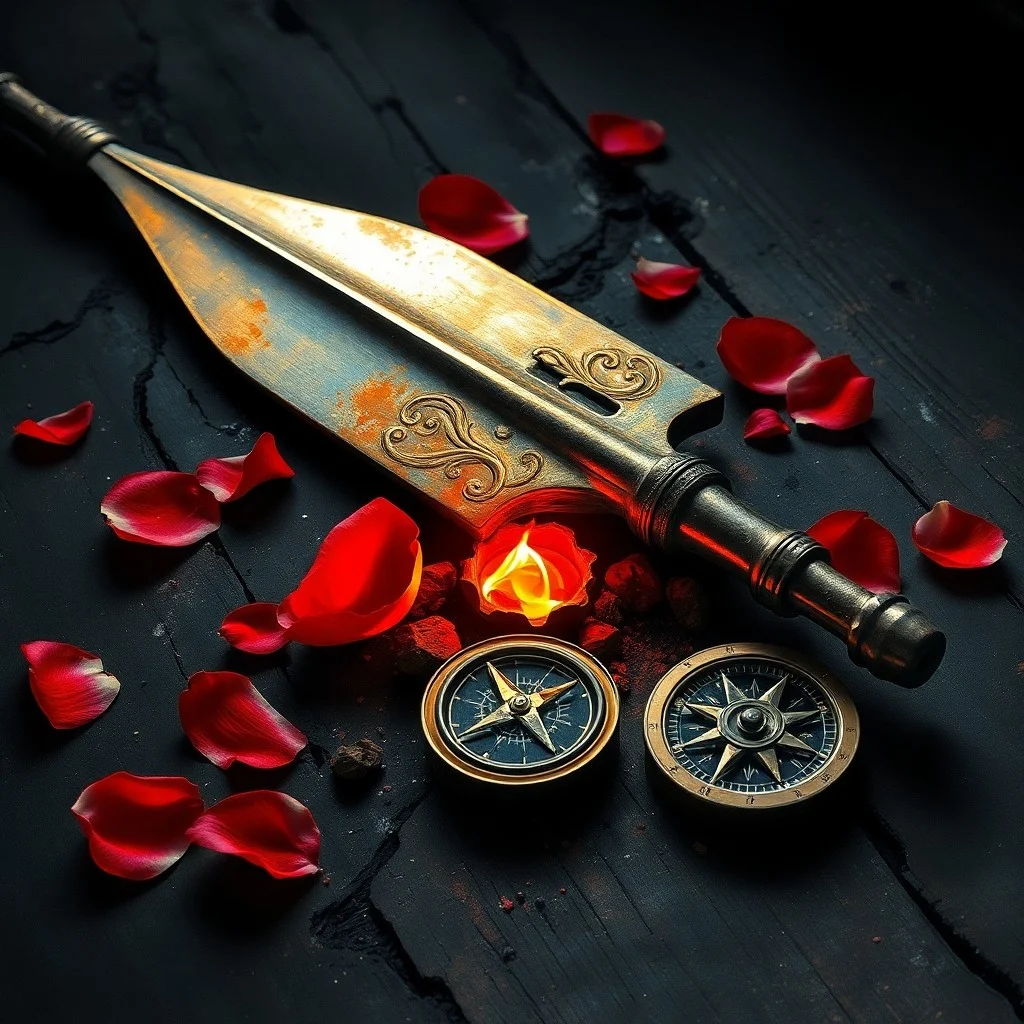 A vibrant crimson rose in full bloom, surrounded by swirling red and gold watercolor patterns, symbolizing passionate desire and artistic expression.