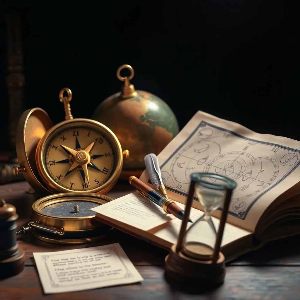 Cinematic still life of an open antique astrology book, hourglass, and flickering candle, symbolizing the study of ancient horary techniques.