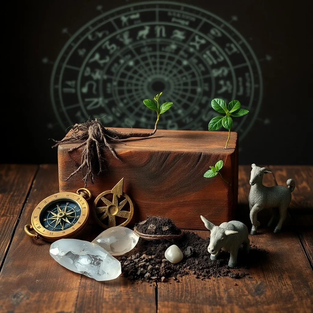 Fotografía cinematográfica de un diario antiguo abierto sobre un escritorio de madera, junto a piedras de río pulidas, una ramita de lavanda y una brújula, evocando la naturaleza práctica y arraigada de los signos de Tierra.
