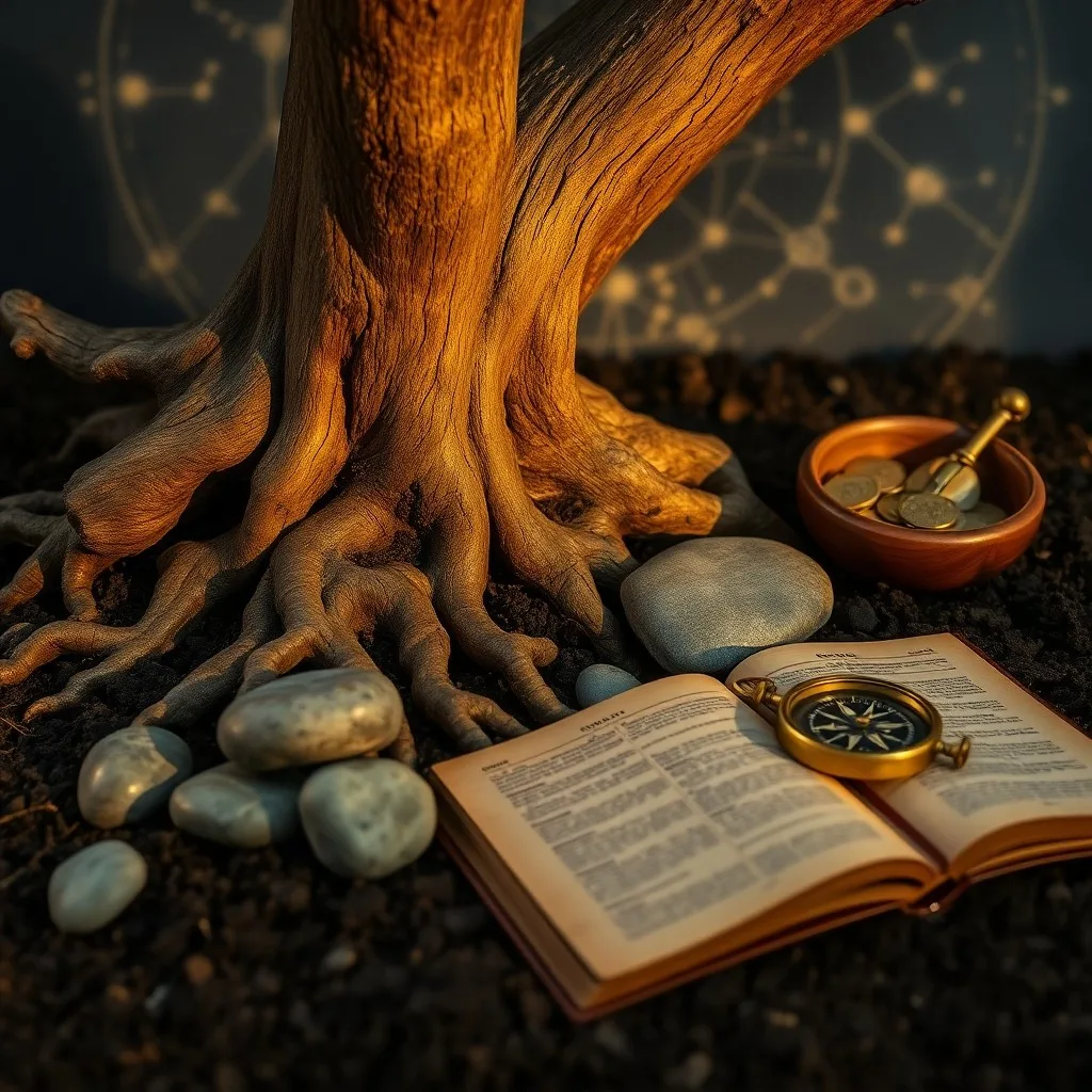 Ilustración digital 3D de una pila equilibrada de bloques geométricos grises sobre una plataforma terrosa, con polvo dorado brillante, simbolizando la ambición y la estructura de los signos de Tierra.