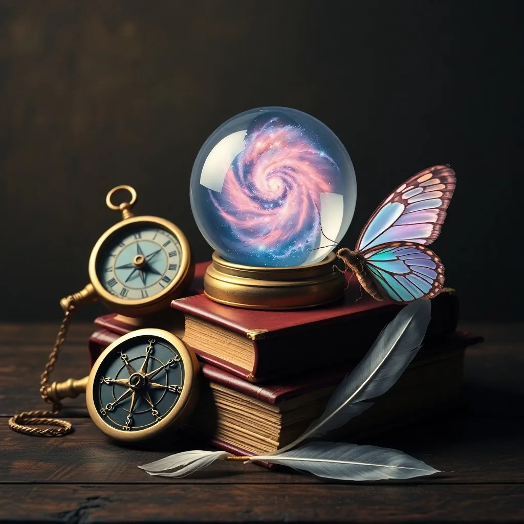 An open, ancient leather-bound book with illuminated pages and a vintage brass compass on a wooden desk.