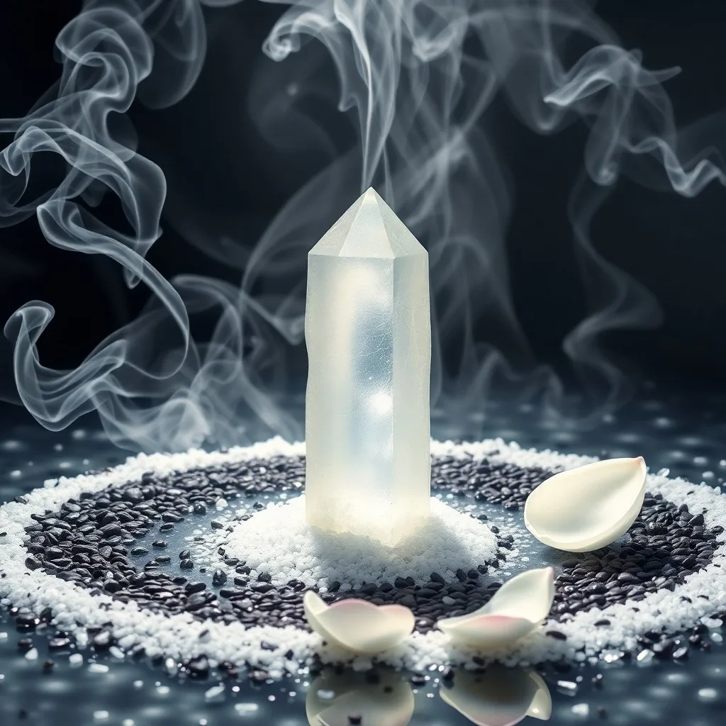 Still-life photograph of black tourmaline and selenite crystals with dried sage leaves on a rustic wooden table, illuminated by a soft glow.
