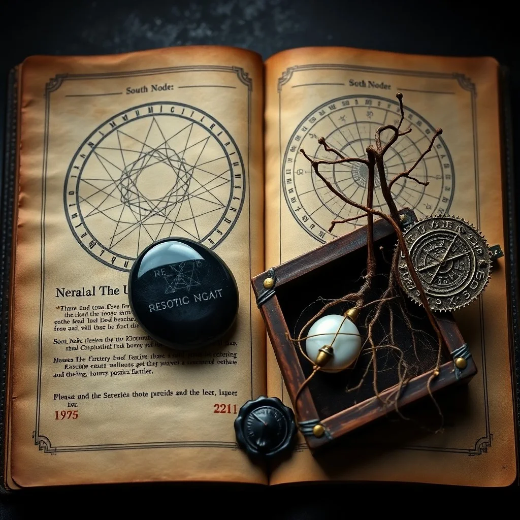 Cinematic still life of an ancient parchment scroll with astrological glyphs and a brass compass on river stones, evoking timeless mystery and karmic guidance.