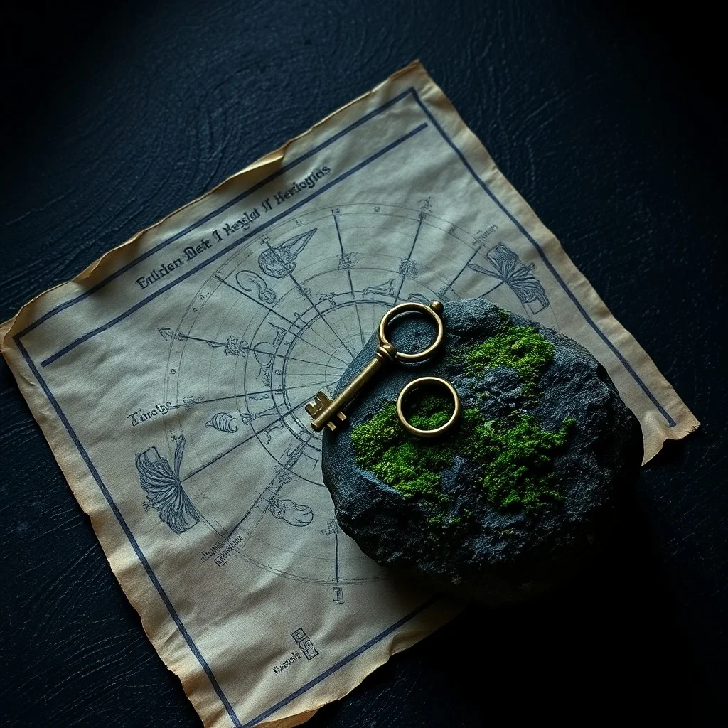 An ancient, weathered scroll depicting a complex astrological chart, partially obscured by a delicate, knotted silk cord, resting on a dark, polished wooden table. Soft, dramatic lighting emphasizing texture and shadow. Extreme close-up macro photography.