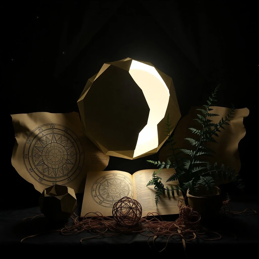 3D digital illustration of a stylized astrological natal chart with glowing neon lines, centered around a cracked crystal ball reflecting intense, fragmented light, symbolizing personal revelations.