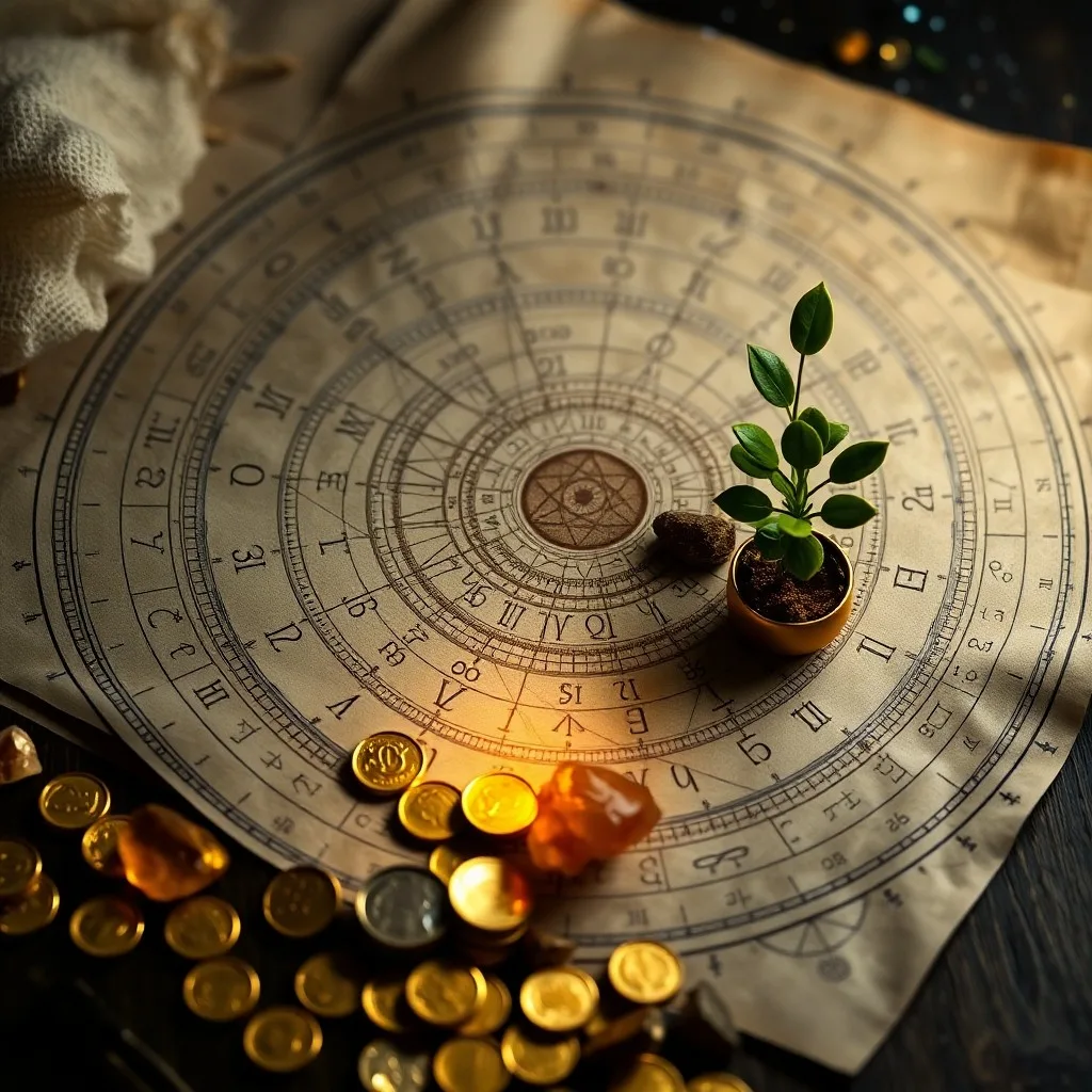 Un escritorio antiguo de madera con un libro de astrología de cuero abierto en un gráfico, junto a una pila de monedas de oro antiguas, una pluma de ave y una pequeña planta verde vibrante brotando de una grieta en una piedra, luz suave y cálida de una ventana cercana, enfoque en la textura y el detalle.