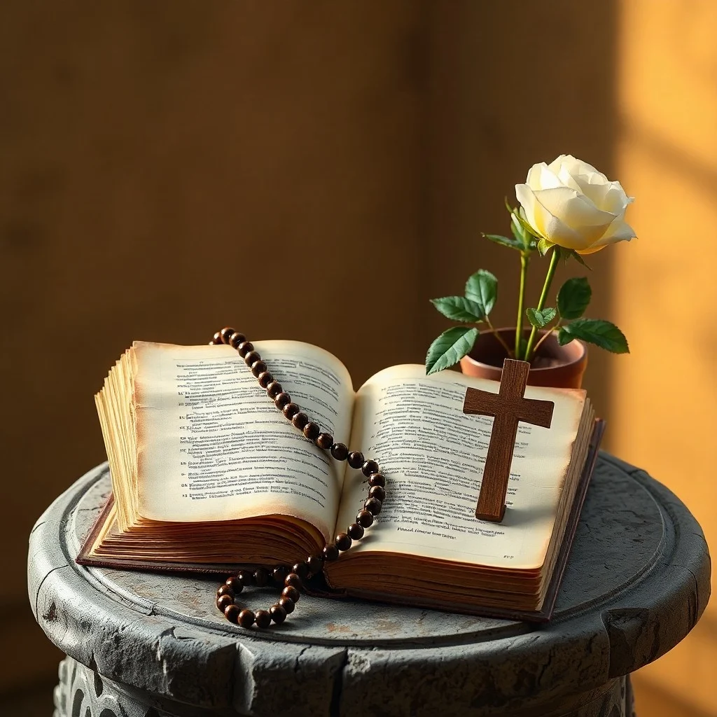 Primer plano de un rosario antiguo de madera entrelazado con una rosa blanca en flor, sobre una superficie oscura. La luz resalta los detalles, evocando devoción y fe.