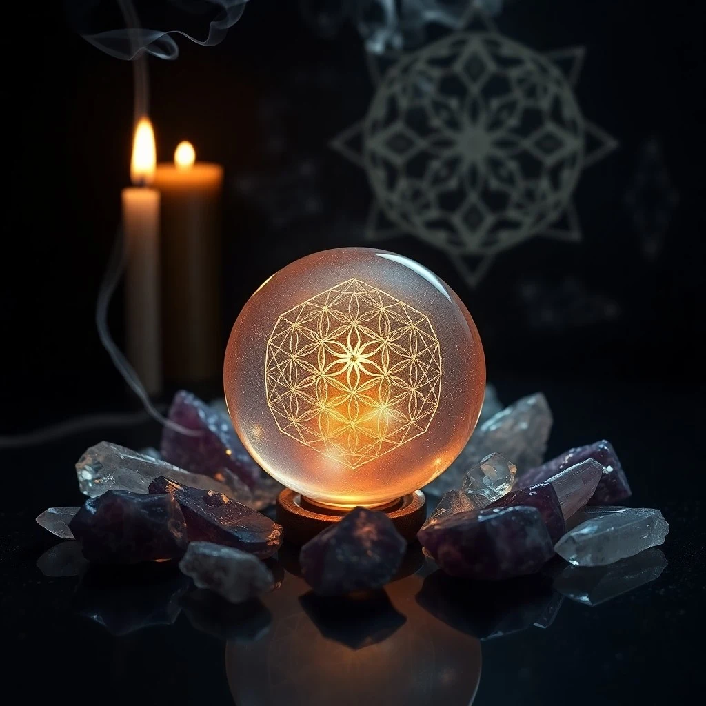 Cinematic still life of an open journal with hand-drawn geometric patterns and esoteric symbols, lit by a beeswax candle and reflected in an obsidian mirror, symbolizing ritual transformation.