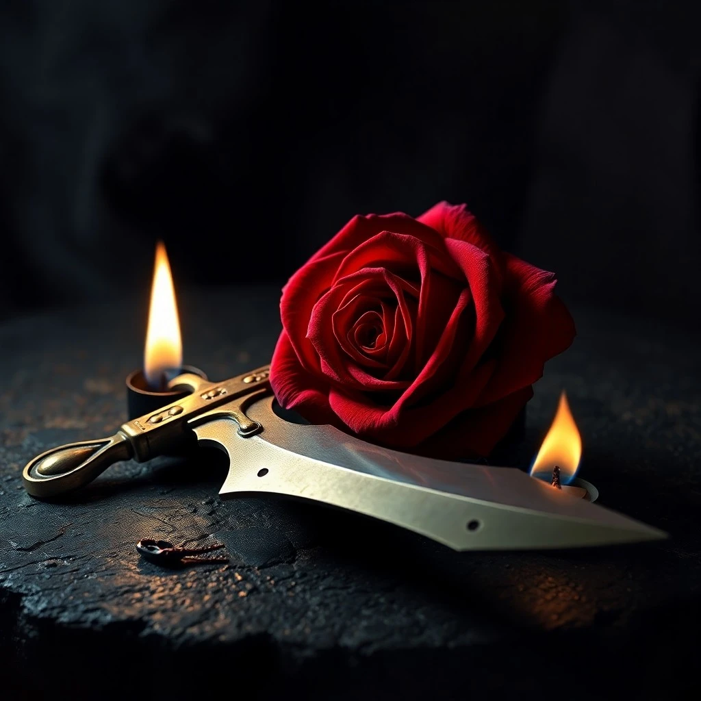 Cinematic still life of a vibrant red rose on velvet, with dramatic lighting, symbolizing deep passion and desire.