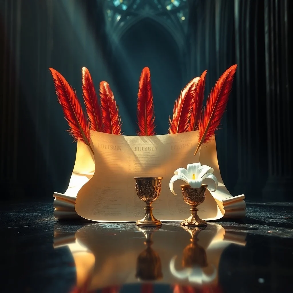 Fotografía cinematográfica de un antiguo texto teológico abierto con páginas iluminadas en oro, sobre un altar de piedra con luz purificadora y una pluma iridiscente.