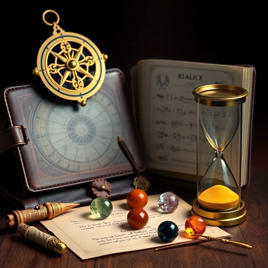 Antique journal with quill and hourglass on a desk