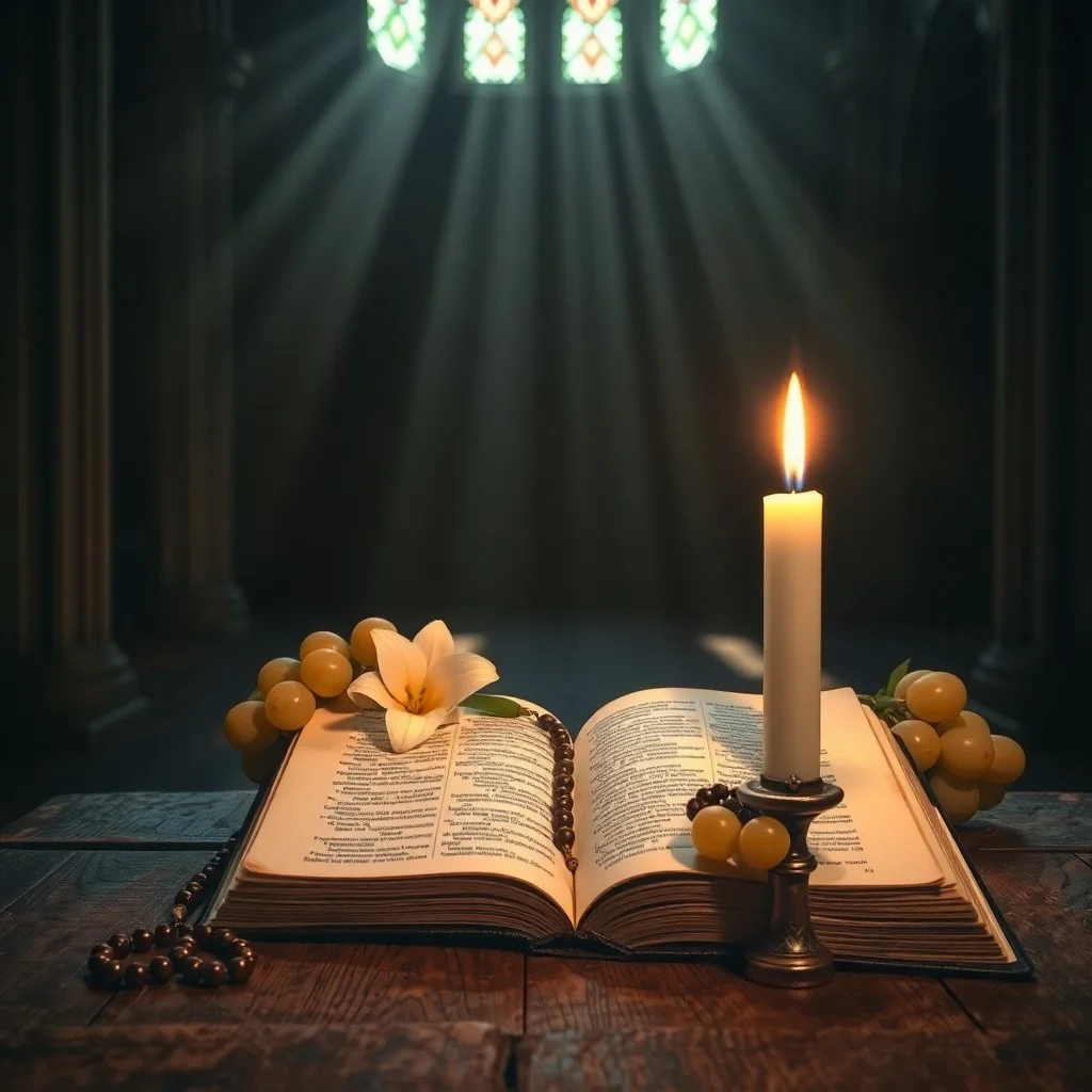 Ilustración 3D de un lago sereno bajo un cielo estrellado, con orbes de luz ascendiendo, representando plegarias.
