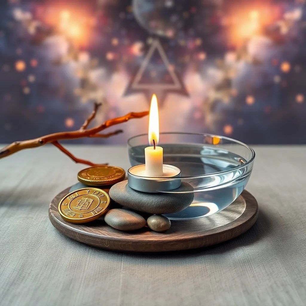 Fotografía cinematográfica de bodegón de objetos que representan el elemento Fuego: velas parpadeantes de varios tamaños, una pequeña linterna roja decorativa, un trozo de cristal de cornalina en bruto, todo proyectando sombras cálidas y dramáticas sobre un fondo oscuro y texturizado.