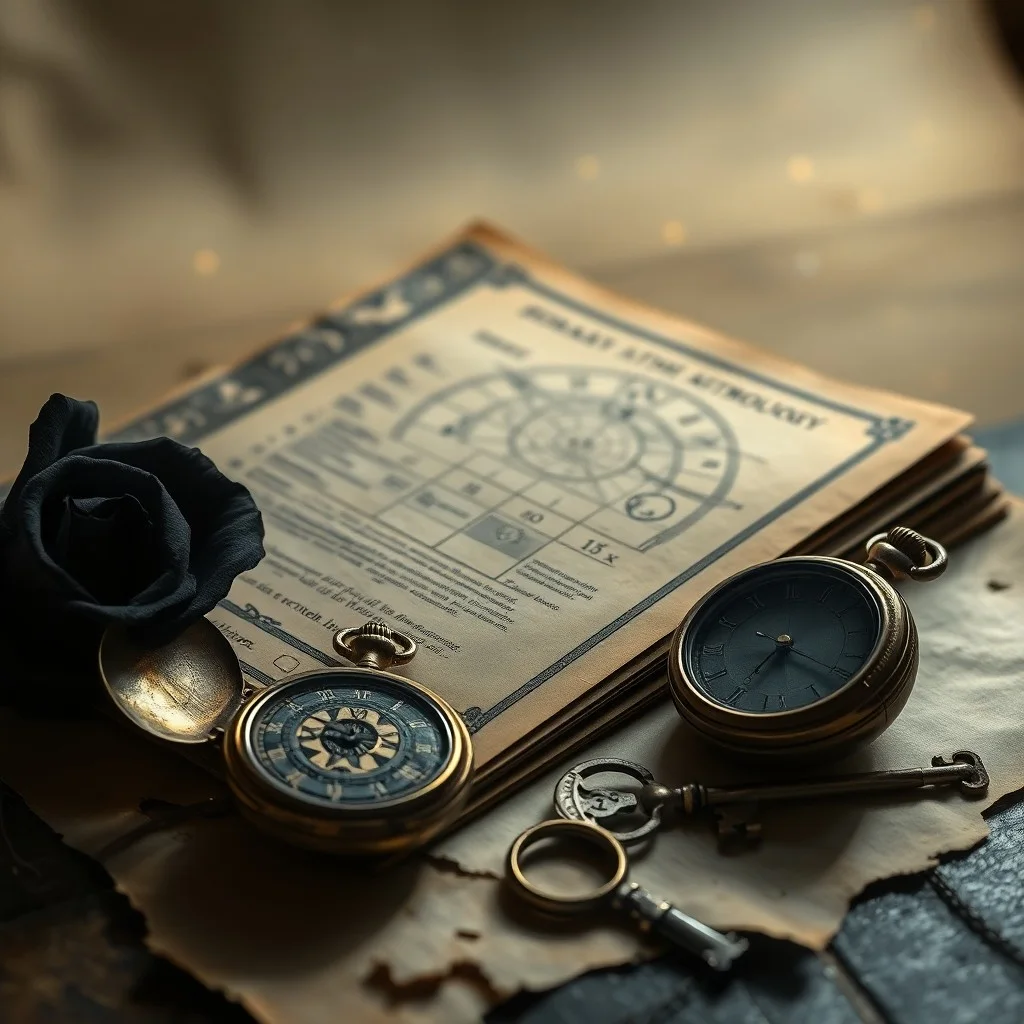 Reloj de bolsillo antiguo detenido, junto a una carta y una rosa marchita, simbolizando el paso del tiempo y recuerdos.