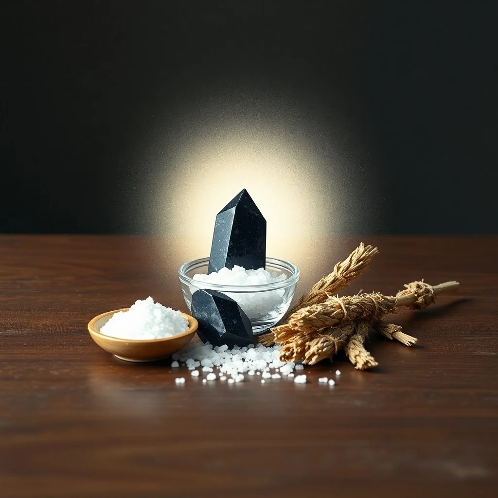 Bodegón cinematográfico de un altar con un sahumerio de salvia, una esfera de obsidiana y cristales de cuarzo, iluminado por una luz suave.