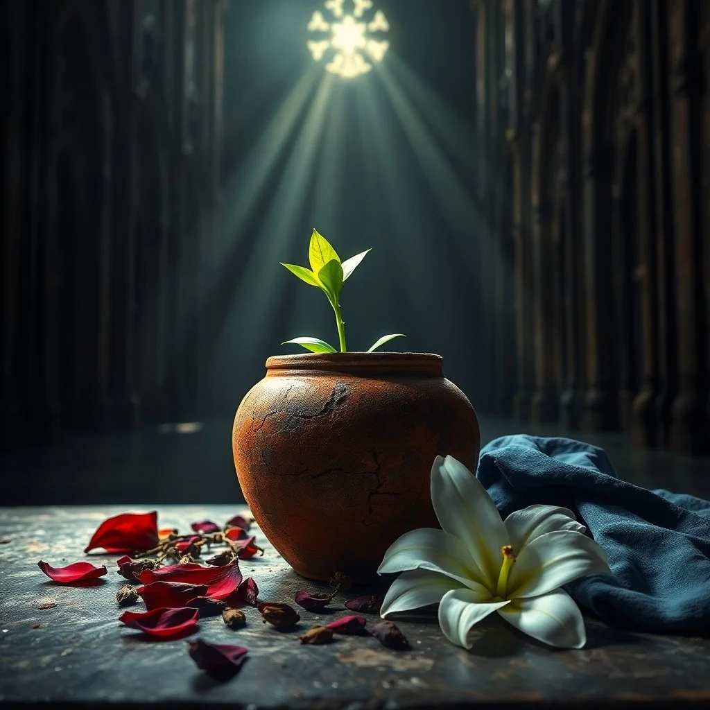 Fotografía cinematográfica de un pergamino antiguo parcialmente desenrollado sobre un altar de piedra, iluminado por una vela parpadeante, con una rama de olivo simbólica.