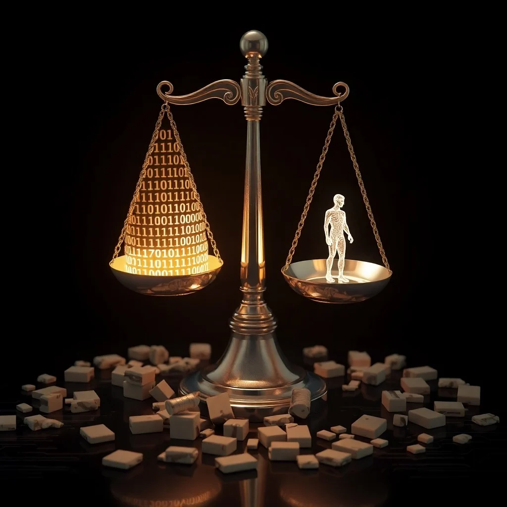 Escala de justicia desequilibrada con datos antiguos y modernos, simbolizando los sesgos algorítmicos en la toma de decisiones.