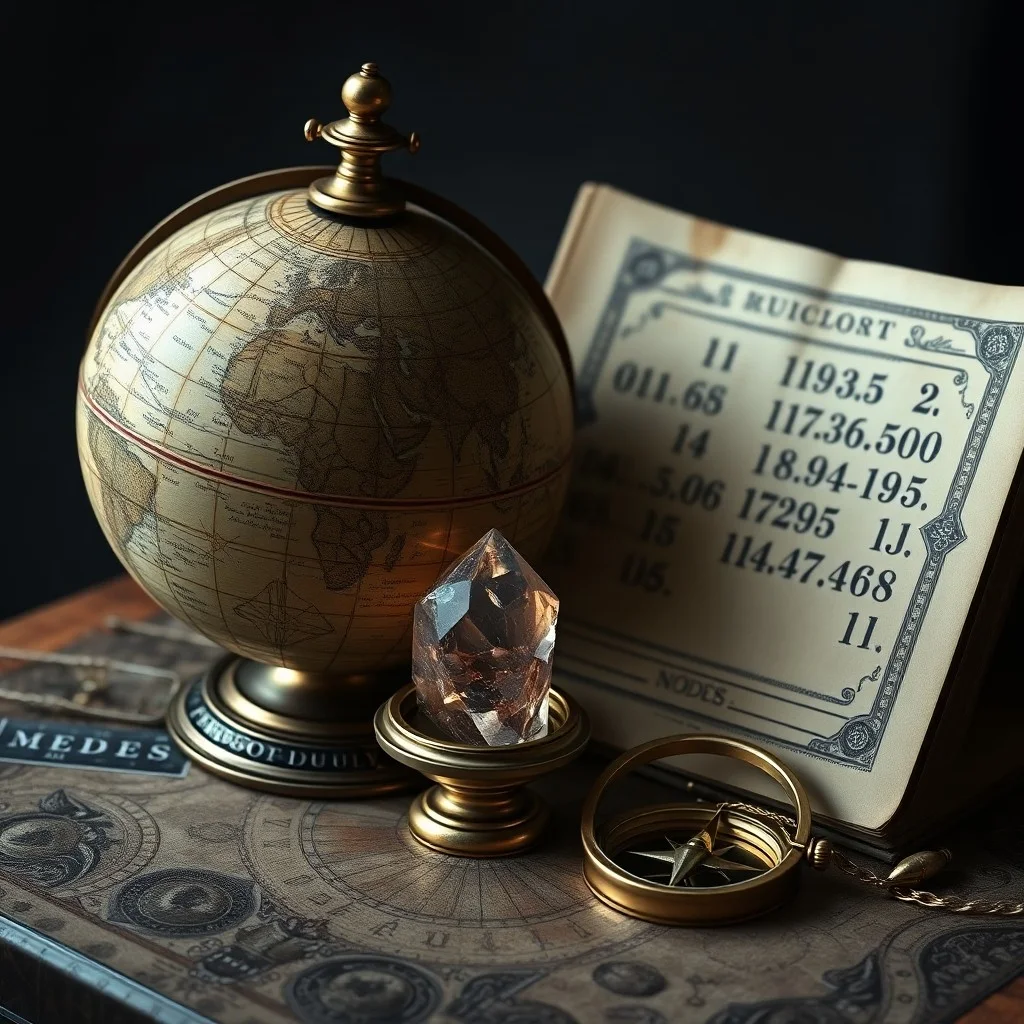 Antique brass compass and 'The Cosmic Code' book on a moonlit desk with crystals