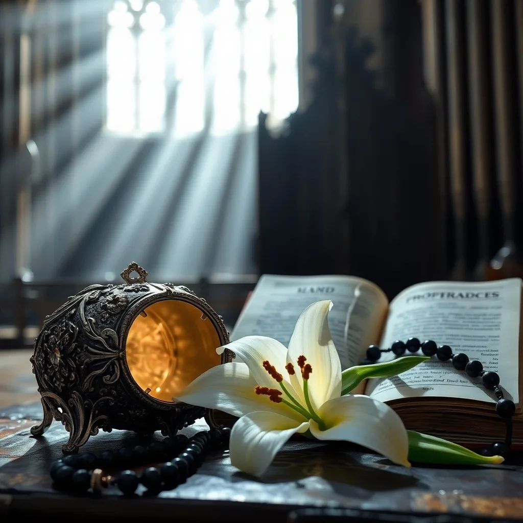 Pintura al óleo de un altar de piedra antiguo con una vela encendida y un aura sutil, evocando un ambiente sagrado y misterioso.