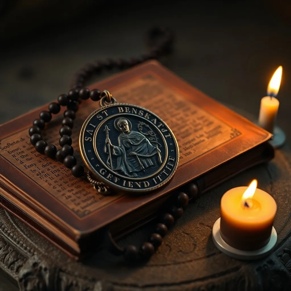 Detalle de una medalla de San Benito antigua, de plata, sobre un paño de terciopelo oscuro, con un enfoque en las intrincadas inscripciones latinas y la cruz central.