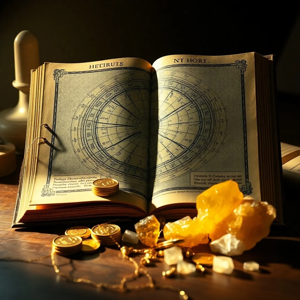 Bodegón cinematográfico de un cofre antiguo lleno de monedas de oro y gemas, simbolizando la riqueza y los tesoros ocultos en la astrología financiera.