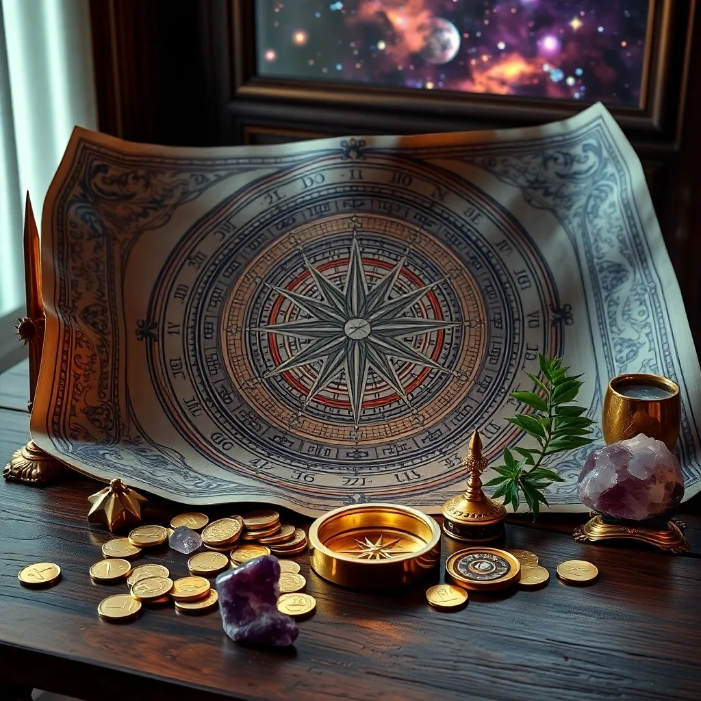 Arte conceptual de una balanza etérea equilibrando símbolos de la Tierra y el cosmos, representando la armonía entre la riqueza material y espiritual.