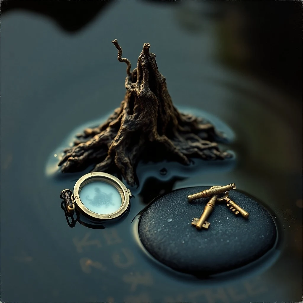 Antique lockets and sepia letters on a wooden chest, symbolizing ancestral echoes and family karma.