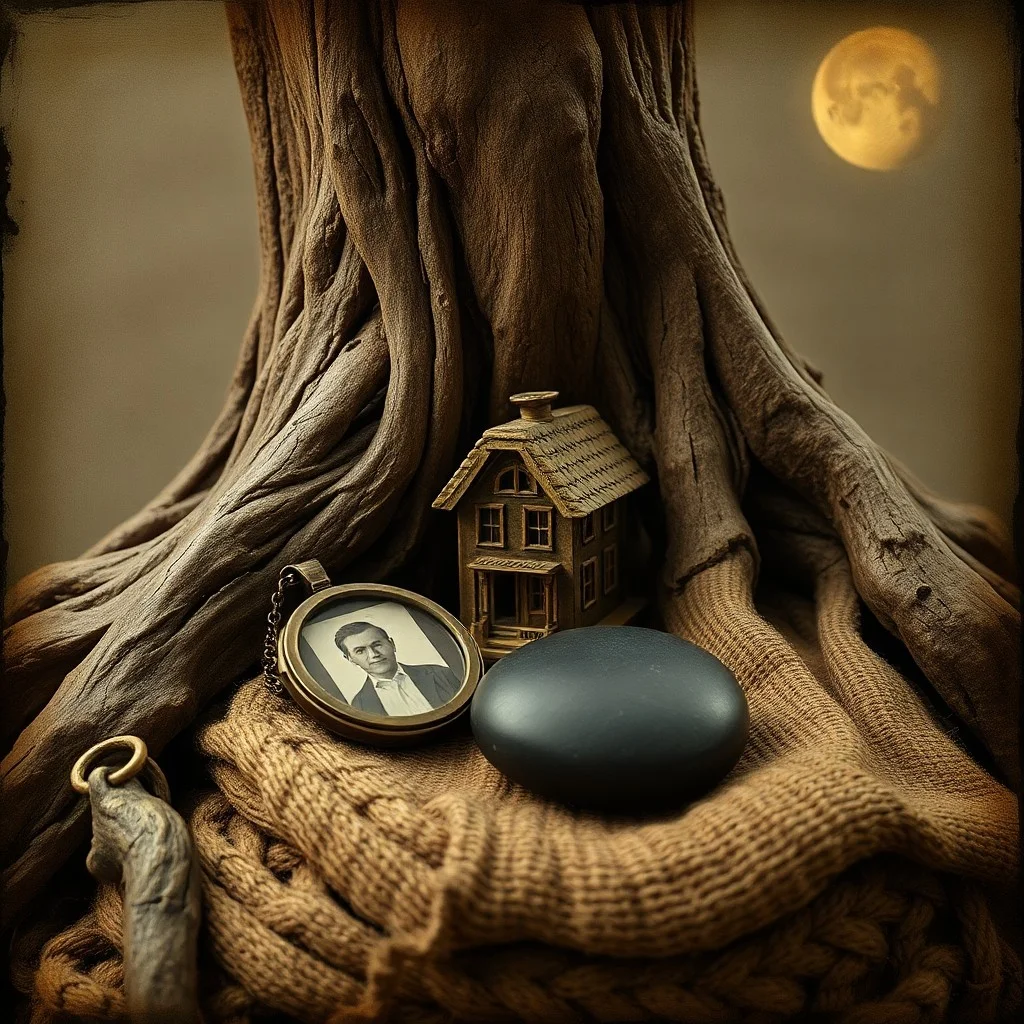 Ornate, closed diary on a velvet cushion, with a half-burnt candle and quill, symbolizing emotional depth and the private self.