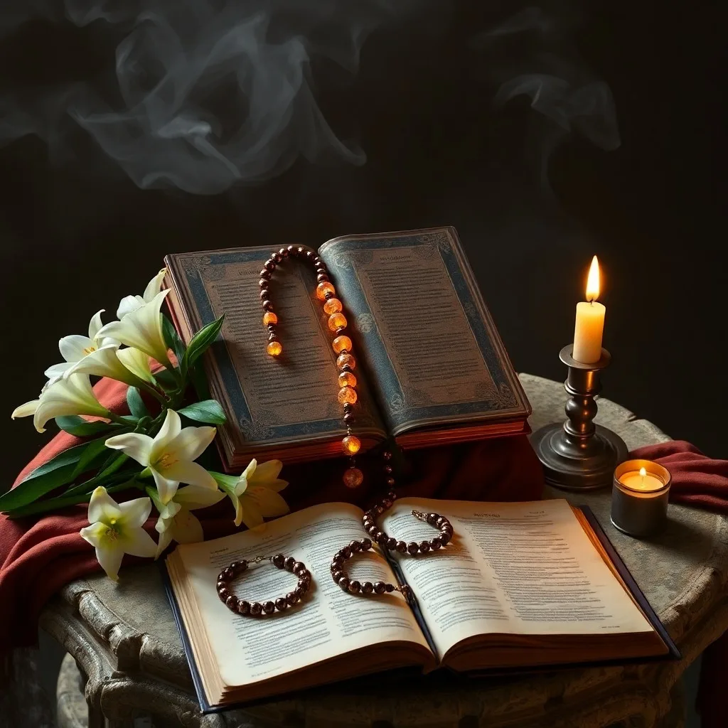Una fotografía cinematográfica de un libro de oraciones antiguo de cuero abierto sobre un altar de madera desgastado, iluminado por un único rayo de luz dorada que se filtra a través de un vitral. Un delicado pétalo de rosa seca yace en una de las páginas.