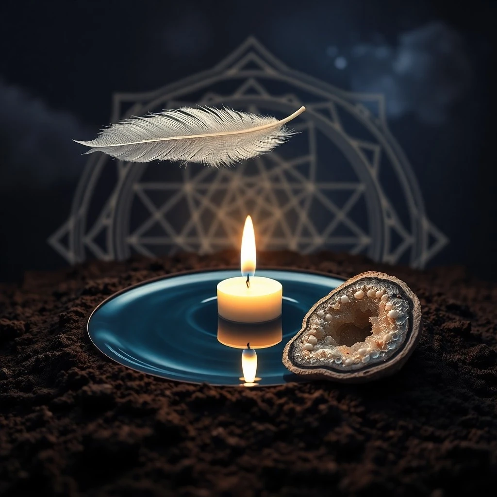 Still life of a candle, feather, and hourglass, symbolizing active elements
