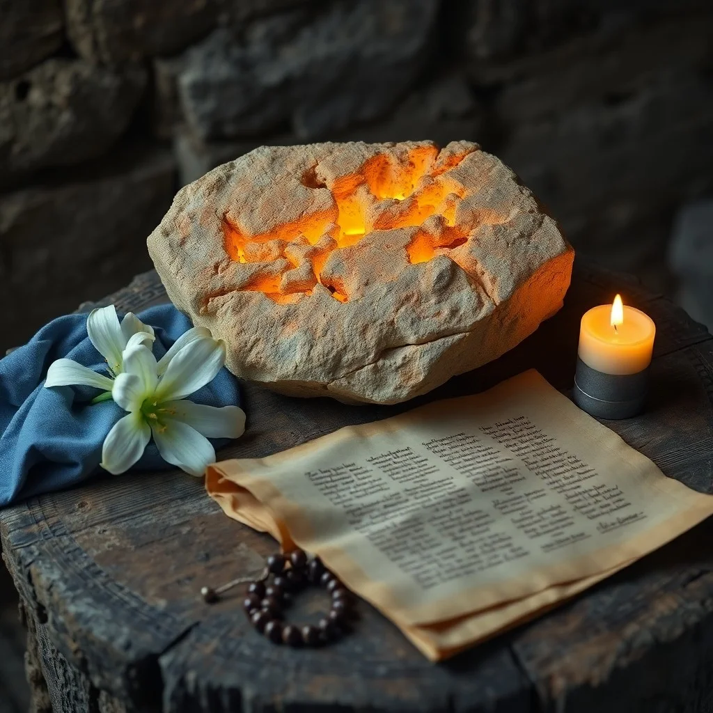 Primer plano de un bastón de peregrino antiguo, rosario y libros de oración a la luz de una vela